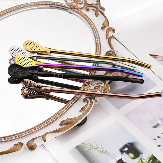 8Pcs Silver Reusable 304 Stainless Steel Drinking Straws Spoon Washable Mate Tea Spoon Filter Straw for Cocktail Bar Accessories