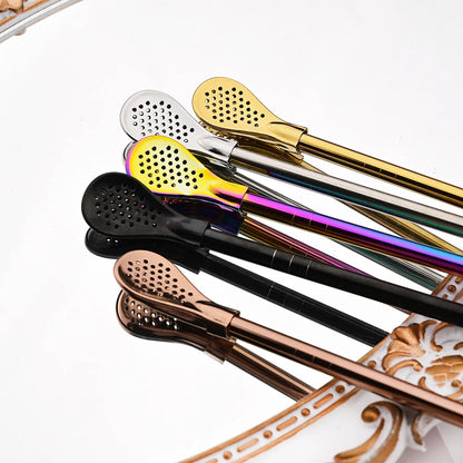 8Pcs Silver Reusable 304 Stainless Steel Drinking Straws Spoon Washable Mate Tea Spoon Filter Straw for Cocktail Bar Accessories