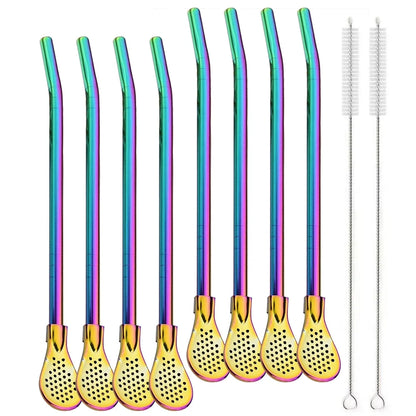 8Pcs Silver Reusable 304 Stainless Steel Drinking Straws Spoon Washable Mate Tea Spoon Filter Straw for Cocktail Bar Accessories