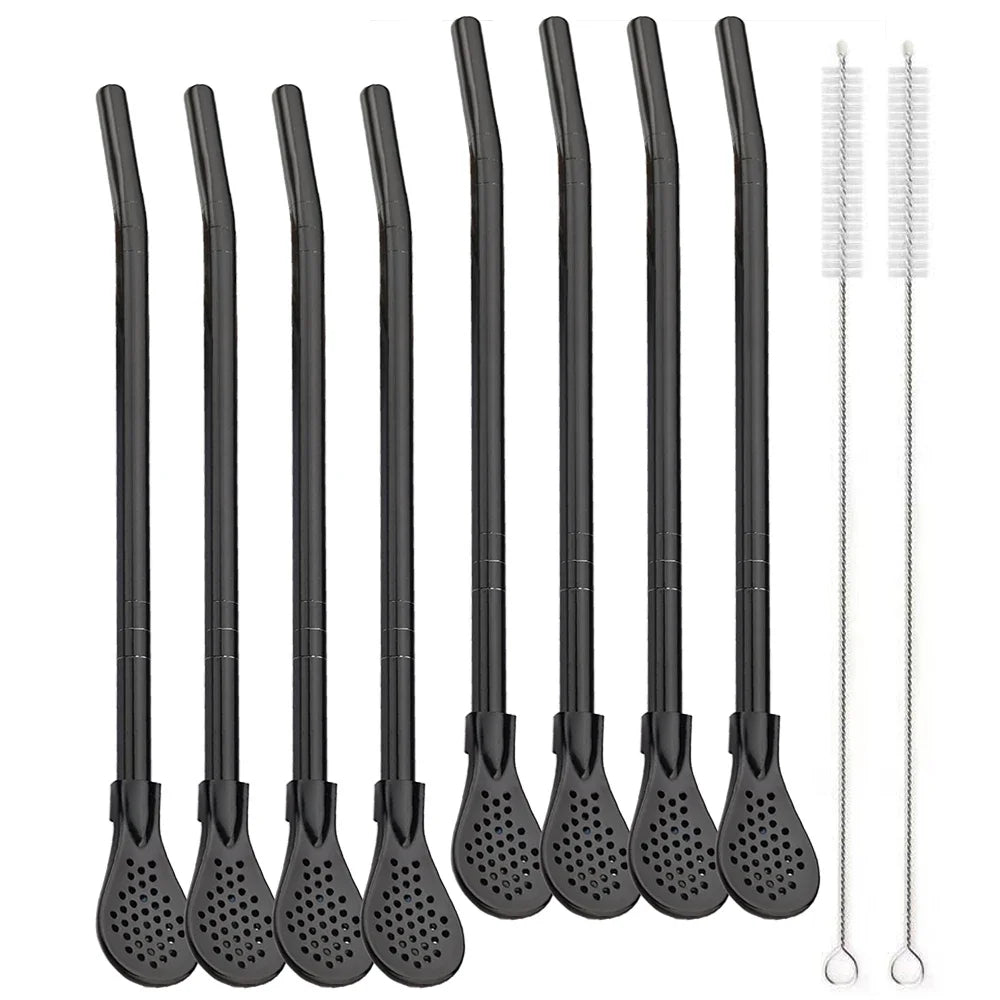 8Pcs Silver Reusable 304 Stainless Steel Drinking Straws Spoon Washable Mate Tea Spoon Filter Straw for Cocktail Bar Accessories