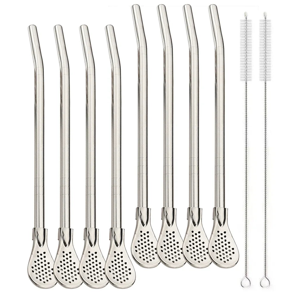 8Pcs Silver Reusable 304 Stainless Steel Drinking Straws Spoon Washable Mate Tea Spoon Filter Straw for Cocktail Bar Accessories