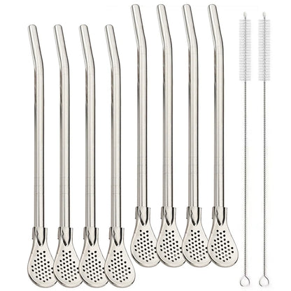 8Pcs Silver Reusable 304 Stainless Steel Drinking Straws Spoon Washable Mate Tea Spoon Filter Straw for Cocktail Bar Accessories