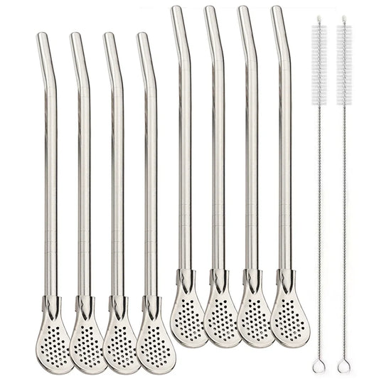 8Pcs Silver Reusable 304 Stainless Steel Drinking Straws Spoon Washable Mate Tea Spoon Filter Straw for Cocktail Bar Accessories