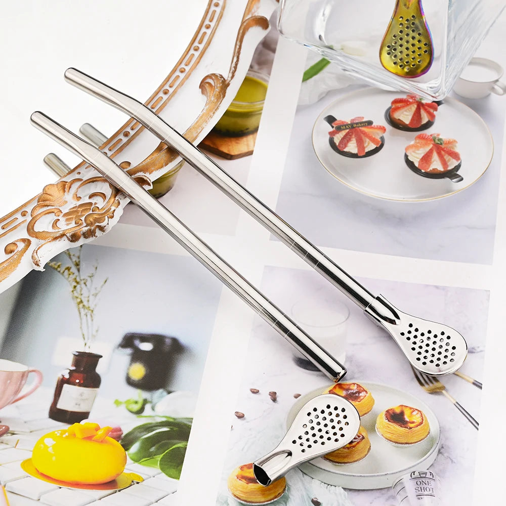 8Pcs Silver Reusable 304 Stainless Steel Drinking Straws Spoon Washable Mate Tea Spoon Filter Straw for Cocktail Bar Accessories