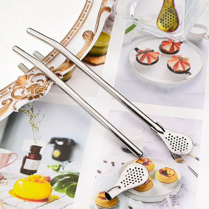 8Pcs Silver Reusable 304 Stainless Steel Drinking Straws Spoon Washable Mate Tea Spoon Filter Straw for Cocktail Bar Accessories