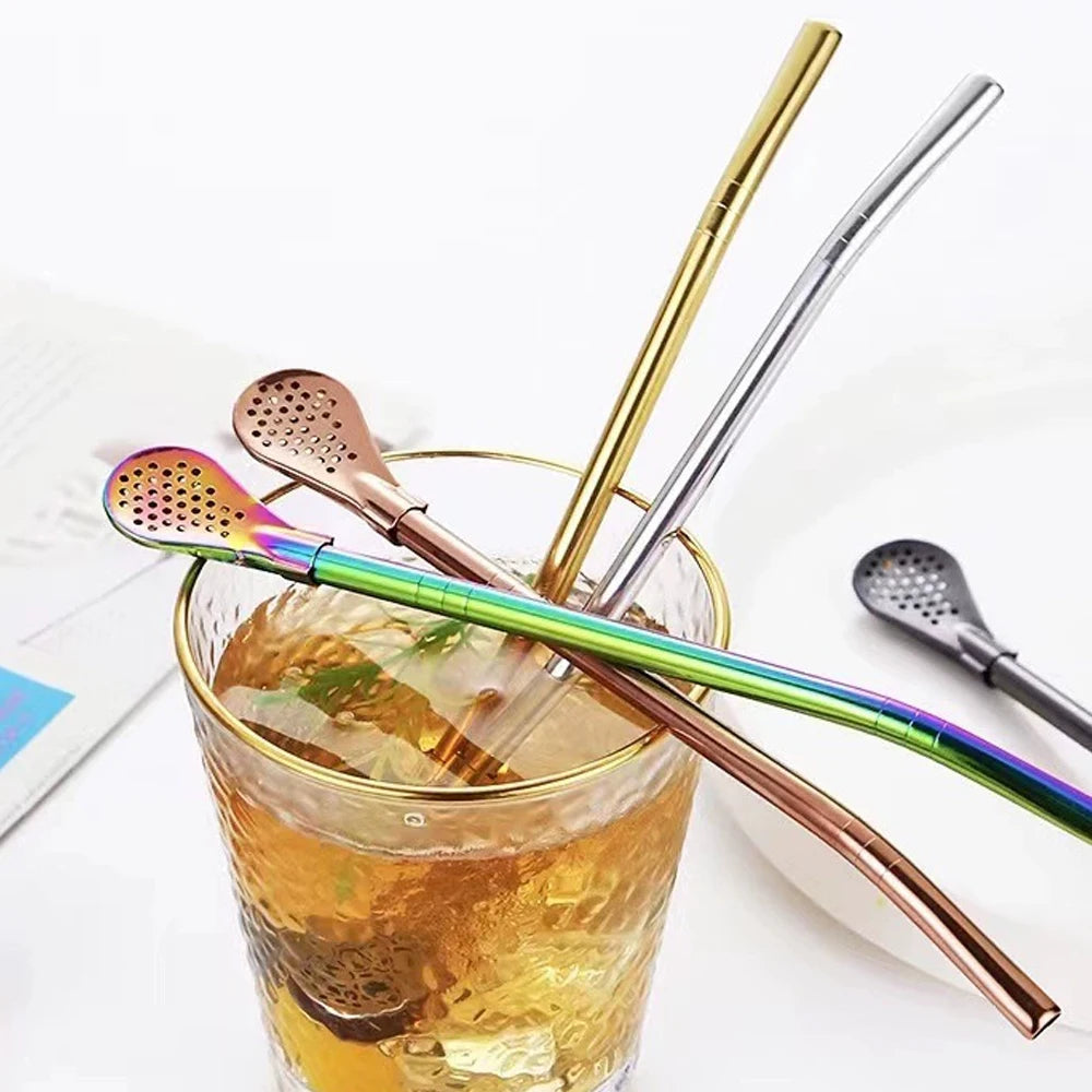 8Pcs Silver Reusable 304 Stainless Steel Drinking Straws Spoon Washable Mate Tea Spoon Filter Straw for Cocktail Bar Accessories
