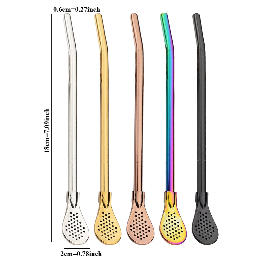 8Pcs Silver Reusable 304 Stainless Steel Drinking Straws Spoon Washable Mate Tea Spoon Filter Straw for Cocktail Bar Accessories