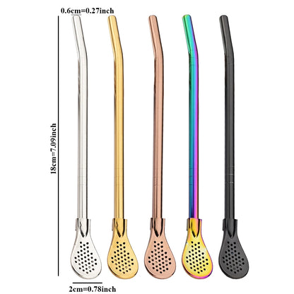 8Pcs Silver Reusable 304 Stainless Steel Drinking Straws Spoon Washable Mate Tea Spoon Filter Straw for Cocktail Bar Accessories