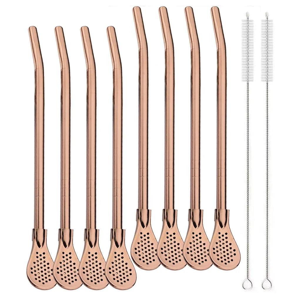 8Pcs Silver Reusable 304 Stainless Steel Drinking Straws Spoon Washable Mate Tea Spoon Filter Straw for Cocktail Bar Accessories