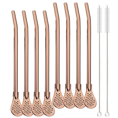 8Pcs Silver Reusable 304 Stainless Steel Drinking Straws Spoon Washable Mate Tea Spoon Filter Straw for Cocktail Bar Accessories