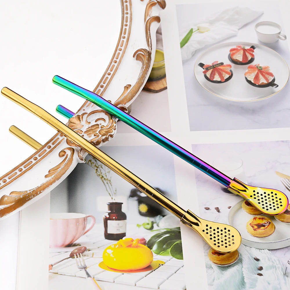 8Pcs Silver Reusable 304 Stainless Steel Drinking Straws Spoon Washable Mate Tea Spoon Filter Straw for Cocktail Bar Accessories