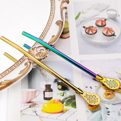 8Pcs Silver Reusable 304 Stainless Steel Drinking Straws Spoon Washable Mate Tea Spoon Filter Straw for Cocktail Bar Accessories