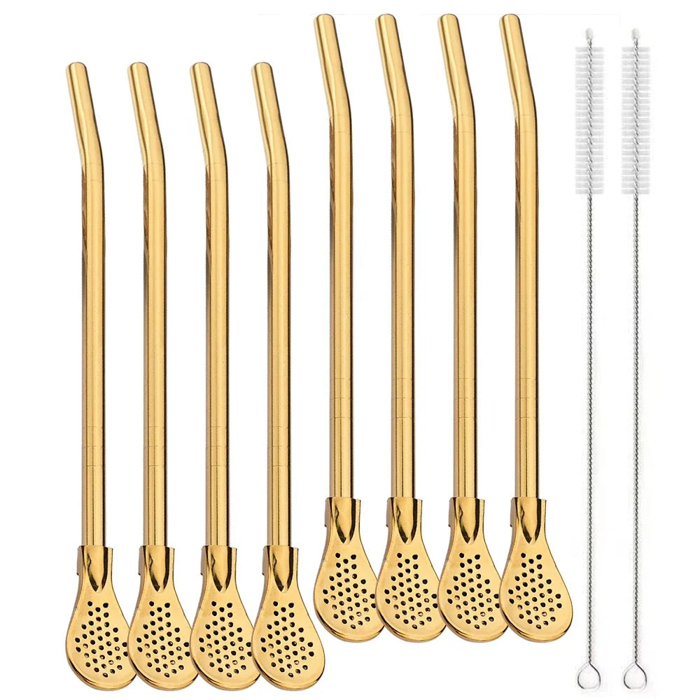 8Pcs Silver Reusable 304 Stainless Steel Drinking Straws Spoon Washable Mate Tea Spoon Filter Straw for Cocktail Bar Accessories